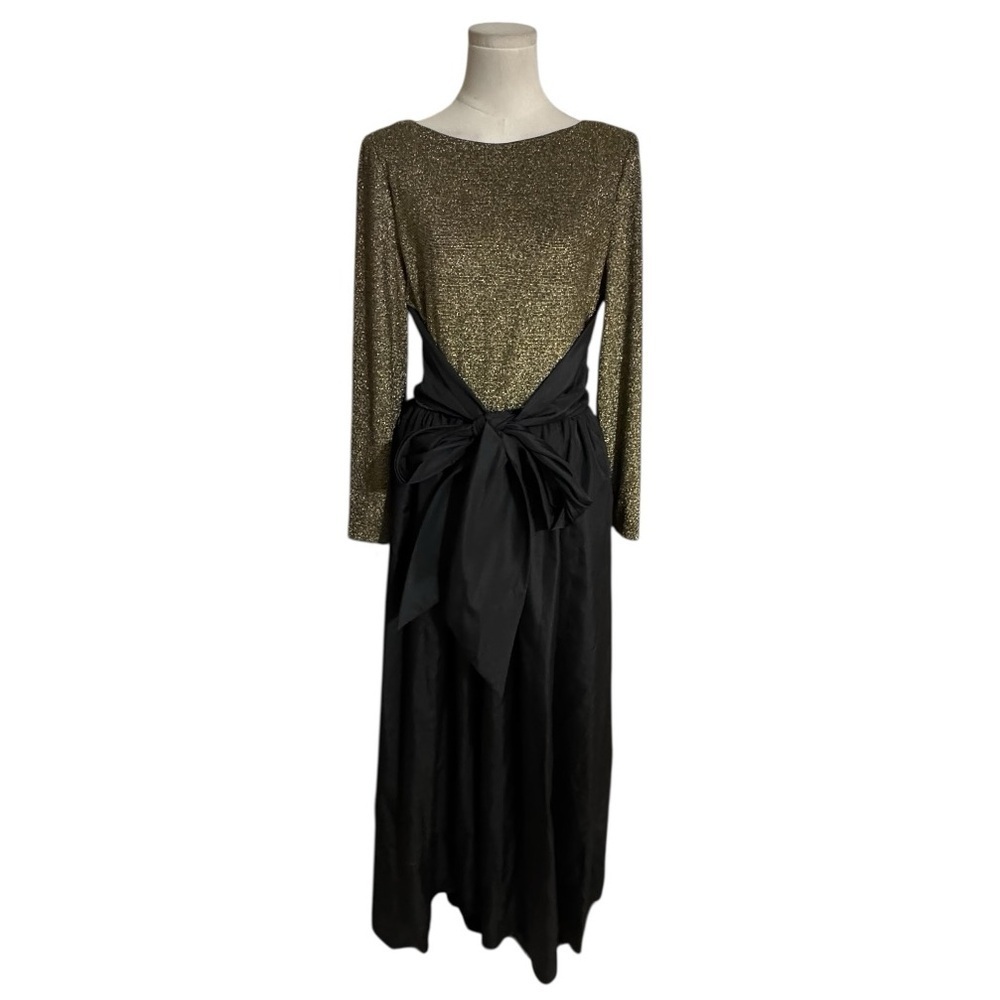 VTG En Francais Huey Waltzer Black Metallic Gold Satin Long Formal Gown Dress 12